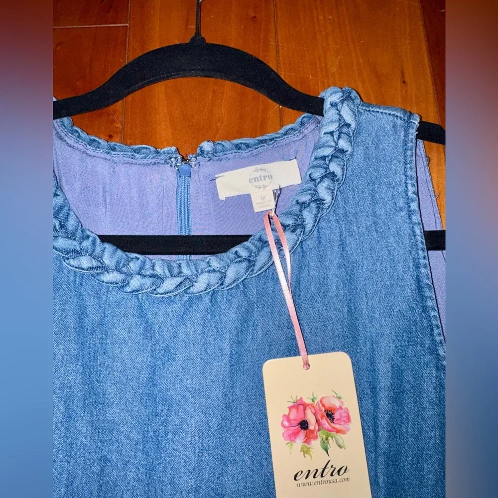 Entro Sleeveless Blue Denim Mini Dress with Decorative Gold Buttons - Picture 4 of 10